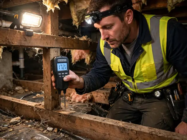 Technician taking a moisture meter reading on a floor joist