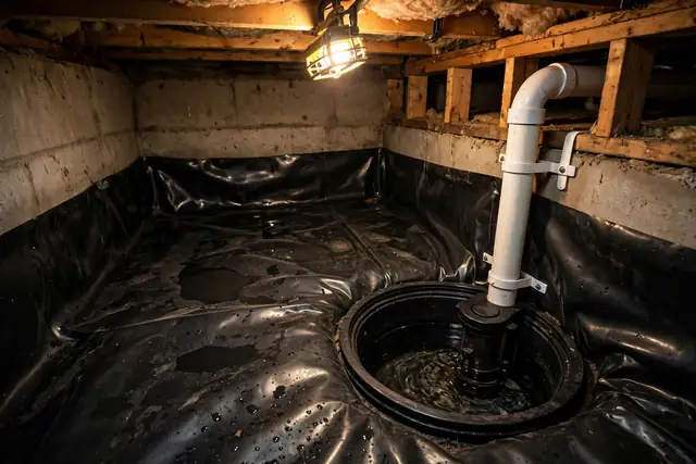 Sump basin with discharge line in a crawl space