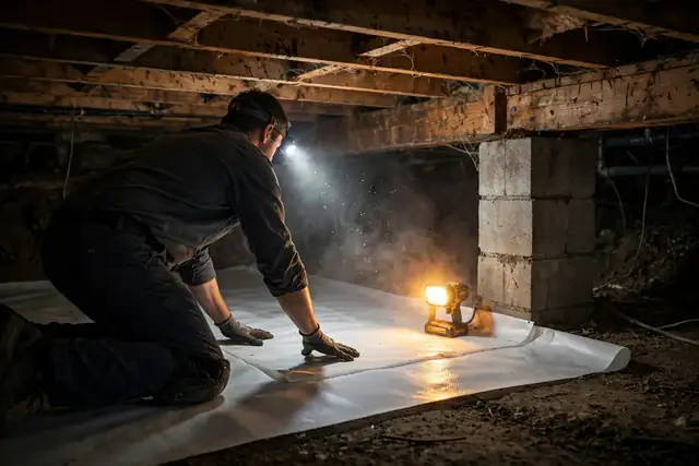 Technician installing a sealed crawl space liner in a Hoover home