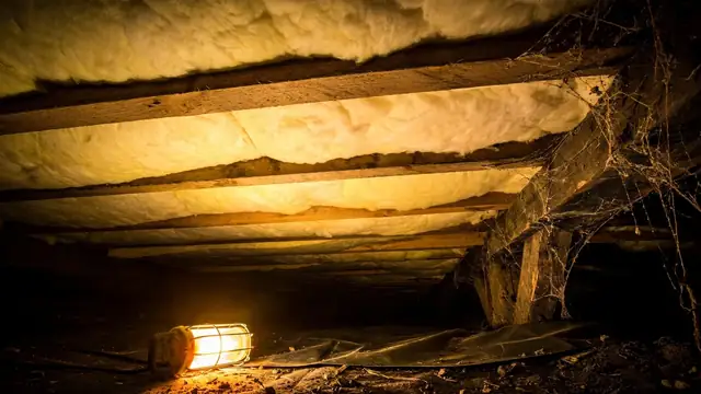 Fresh batt insulation between crawl space floor joists