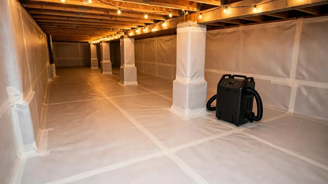 Finished crawl space encapsulation: sealed 20-mil liner, sealed vents, dehumidifier